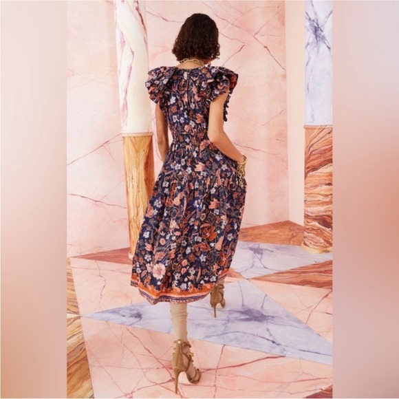 ULLA JOHNSON ARINA batik block print cotton ruffle midi dress Sz 4 NWOT - Picture 1 of 17